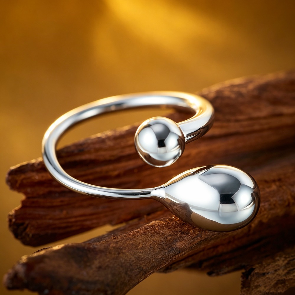 Women's Asymmetrical Copper Bead Open Ring, Smooth Finish