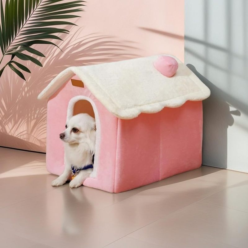 foldable dog house with memory foam mattress pink white cozy   for small to large dogs   pet bed with plush cushion easy assembly polyester material pet bedding   house durable pet bed dog bed Product details 3