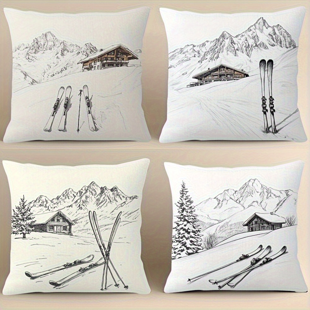 TEMU 4 pezzi, invernale, per cuscino con stampa , chalet, sci, Stile , Stampa su un solo , Chiusura con cerniera lavabile, Senza imbottitura, Adatta