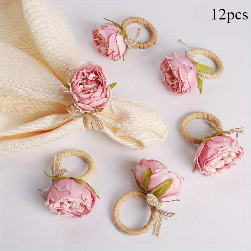 TEMU Lot de 12 anneaux à serviette roses élégants, parfaits pour , fêtes, décorations de table de banquet - Clips à serviette roses, pour bal de