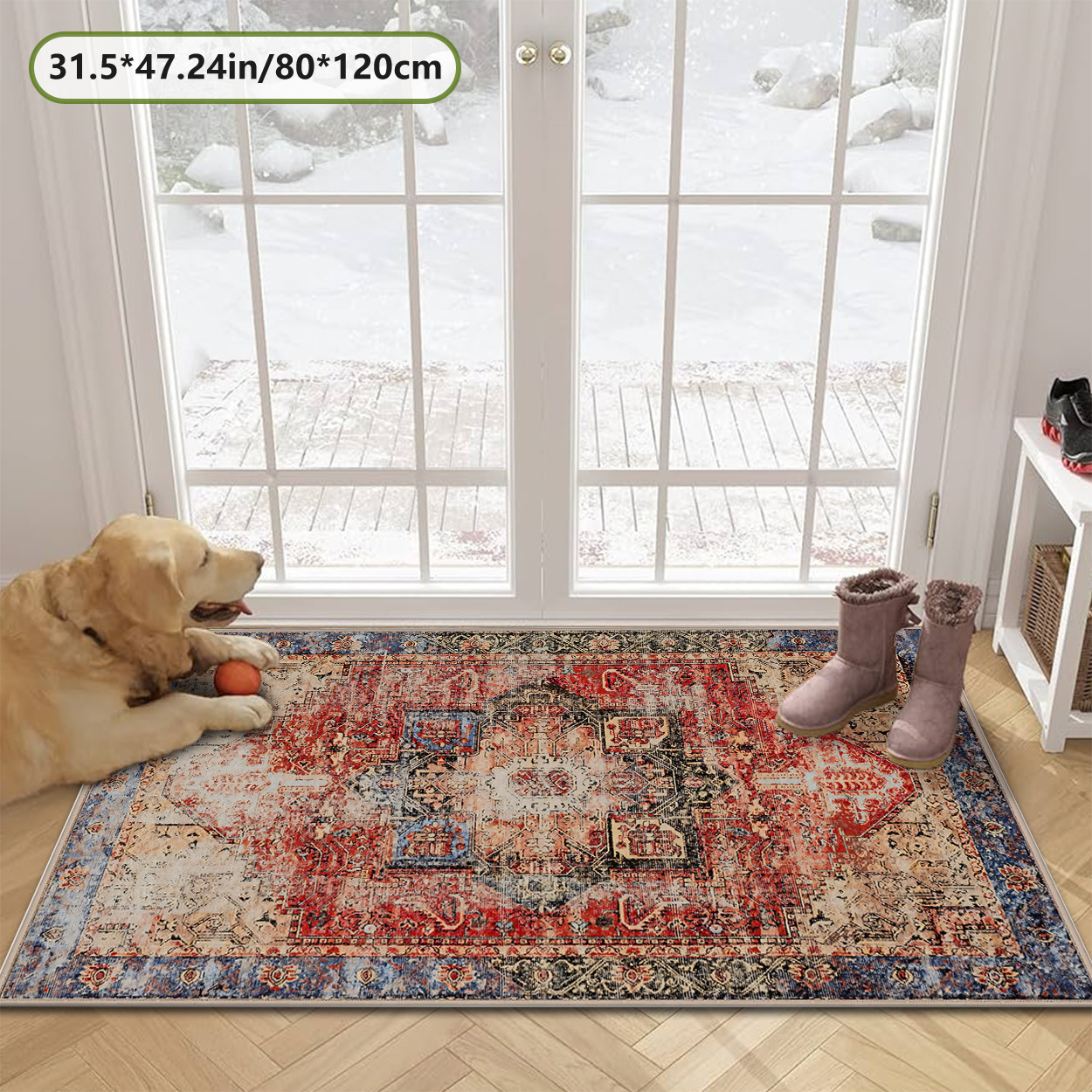 TEMU Golden Diamond Velvet   Dotted Plastic Backing   800g Faded Red Persian Floral Pattern Home Carpet, Comfortable And Aesthetically , Versatile