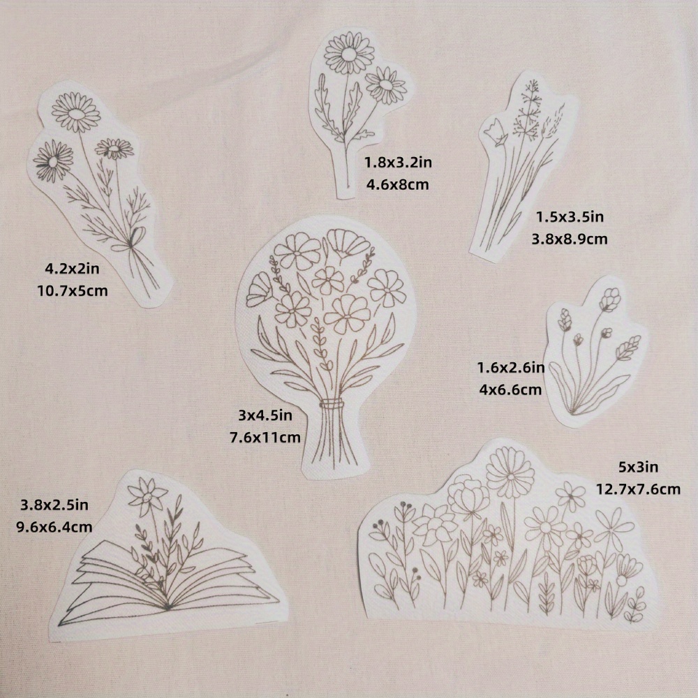 Water-soluble Embroidery Stickers 7pcs Set - Large Self-adhesive Non-woven Fabric Patches For Clothing/ T-shirts/ Gifts | No Additions, Beginner-friendly Cut-to-shape Design (floral Patterns)