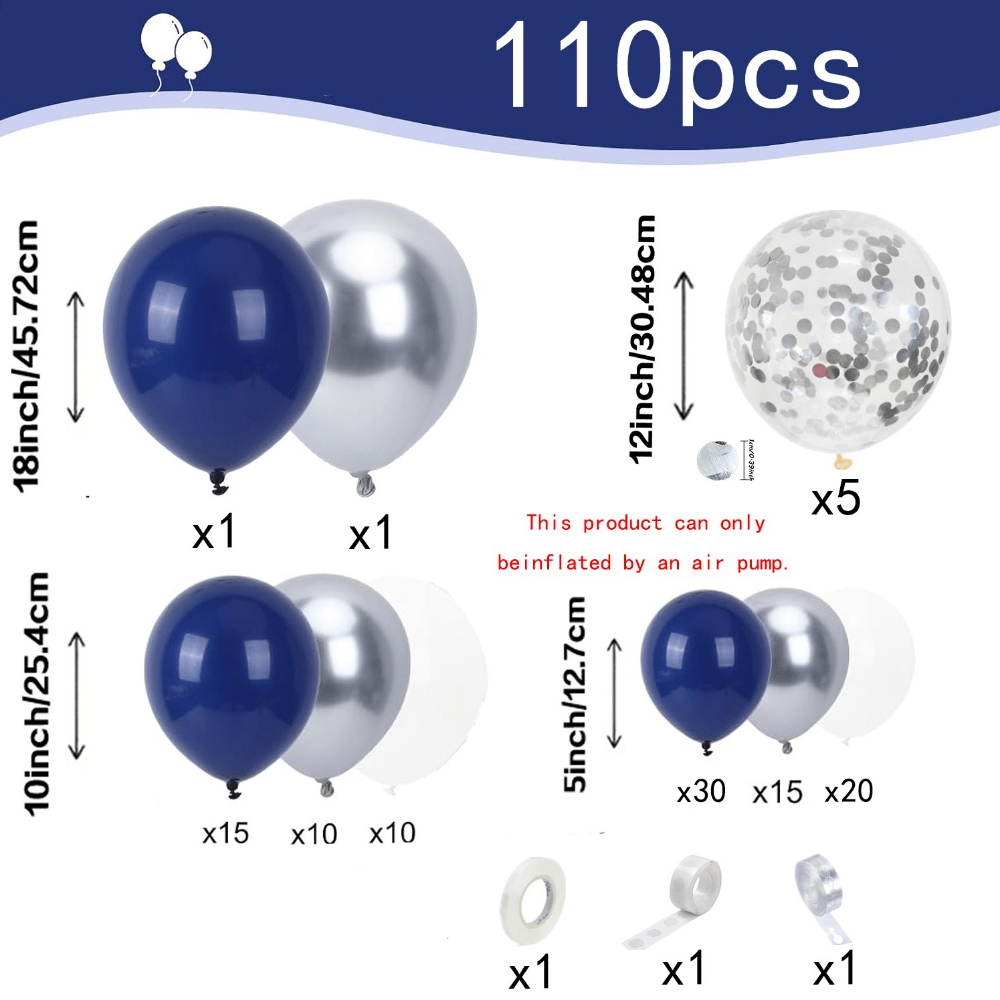 TEMU Kit de Ballons Bleu et Argent, Ballons de de Diplôme Bleu Marine Argent Blanc, 110pcs Ballons en Latex Étoile pour Décorations de Fête