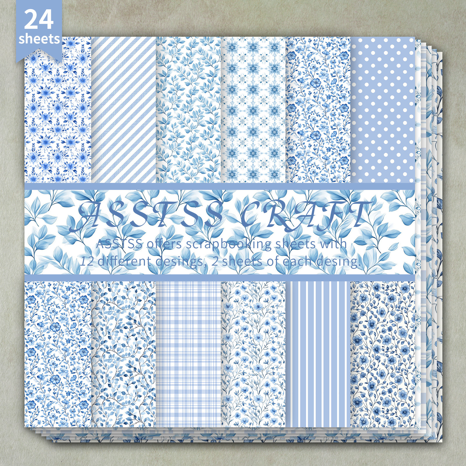 TEMU Bloc de papier épais pour scrapbooking ASSTSS de 24 feuilles - Motif floral bleu aquarelle shabby chic, convient pour le journaling, du collage,