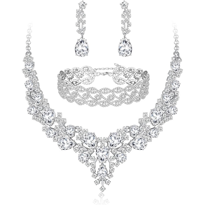 Image of Bridesmaids Necklace Earrings Sets For Women Bridal Bracelet Wedding Crown Silvery Tone Costume Prom Jewelry Set