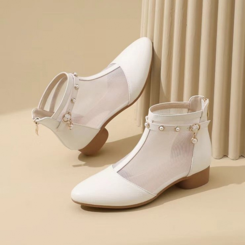 Image of 2026 Spring And Summer New European And American Hollow-out Soft-soled Low-heel Mesh Boots, Pointed-toe Breathable Mesh Pearl Slim-fit Block-heel Ankle Boots, Women Shoes