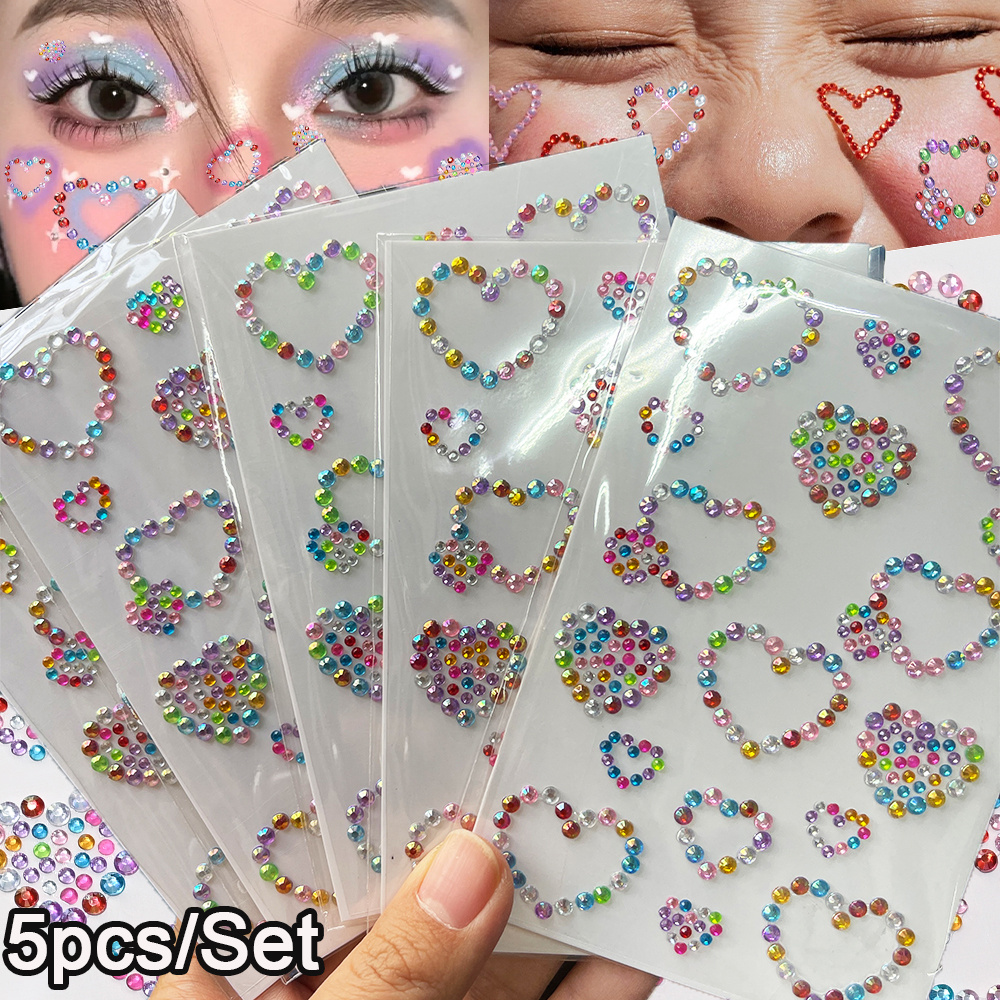 E-shop 5-teiliges Set Bunte -Steinchen Gesichtsaufkleber Glitzerherz Strasssteine für Y2K DIY Make-up Bastelbedarf Kunstzubehör