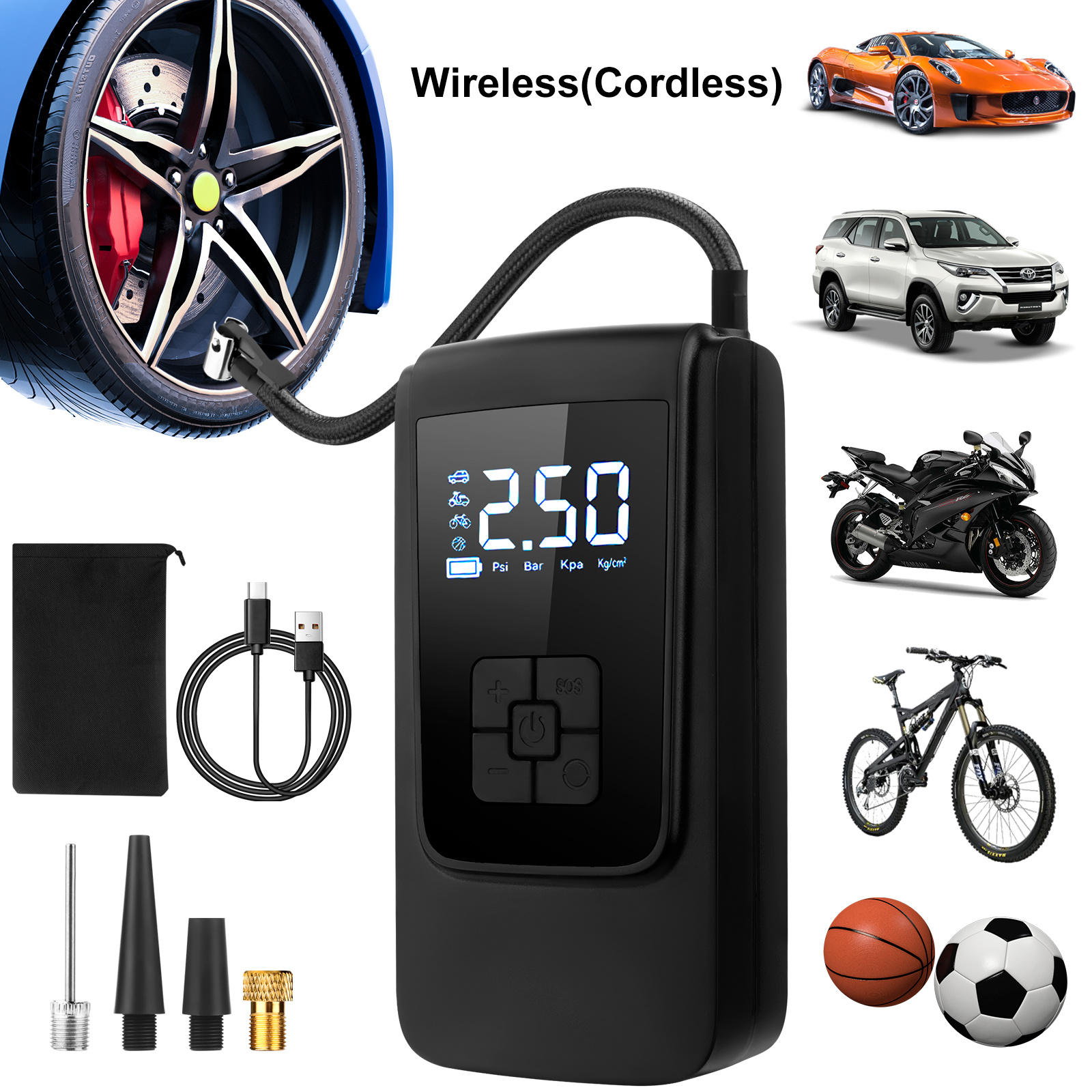 1pc dy lm cordless tire inflator pump digital pressure gauge