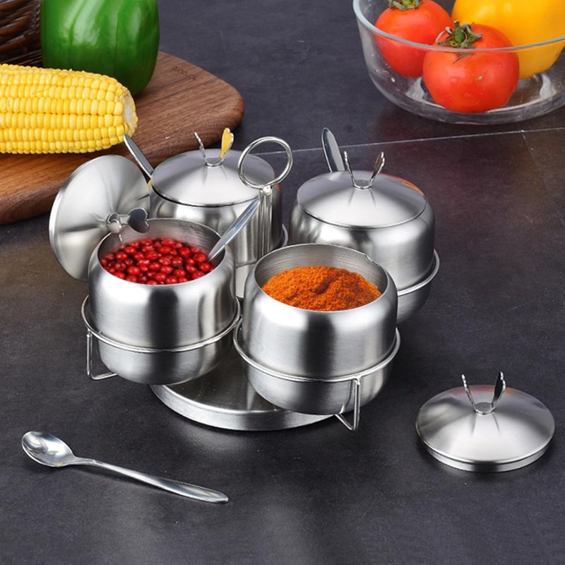 stainless steel spice jar set with revolving rack 12oz/350ml set of 4 seasoning box bottle with lids and spoons condiment jar canisters pots spice container salt sugar bowl for kitchen home Product details 3
