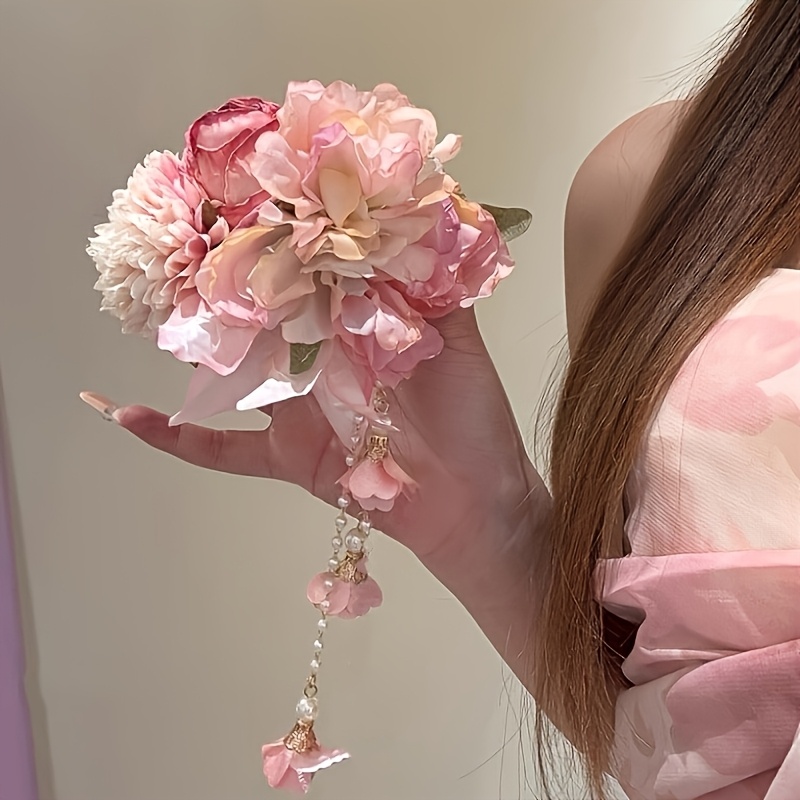 TEMU 1pc Of Chinese-style Pink Peony Tassel Hairpin, Ancient-style Fairy-like Floral Hair Accessory, Vintage Faux Fabric Side Clip With A Sense Of
