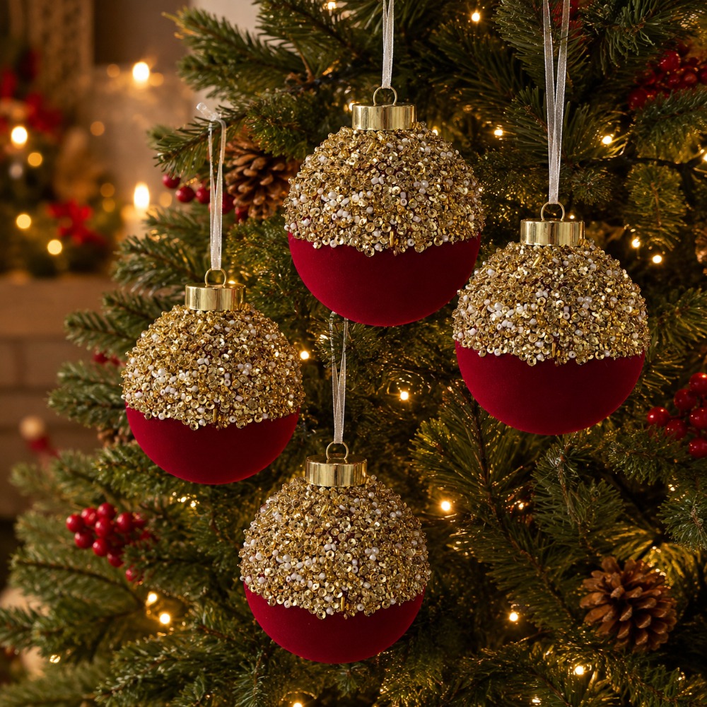 TEMU 4pcs 8cm Flocked Velvet Christmas Ball Ornaments With Golden Sequin Beads - Burgundy & Dark Green Suitable For Xmas Tree, Wall Hanging, Holiday