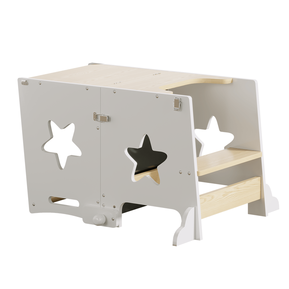 3-In-1 Kitchen Step Stool, Foldable Learning Standing Tower with Blackboard, Wooden Kitchen Stool Helper for Kids, Old Boy Girl Gifts