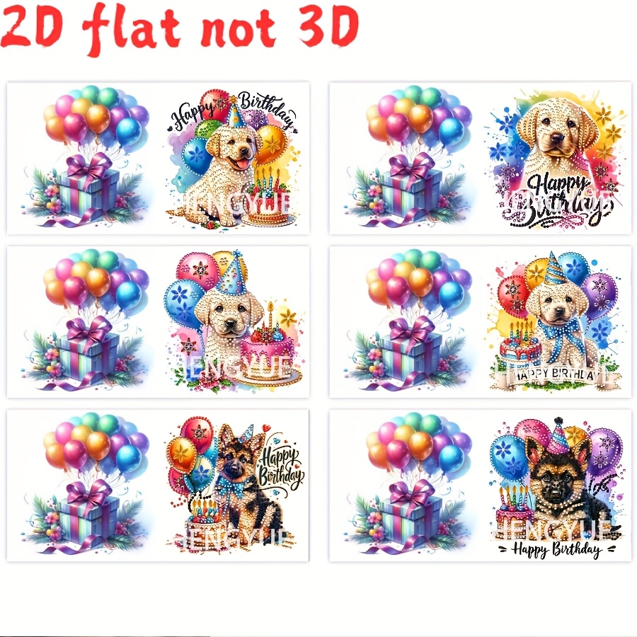 TEMU 6pcs Set Of New Diamond Painting Greeting Cards- Creative Birthday Theme- Designed With A Birthday Puppy Motif, Featuring Diy Irregular-shaped
