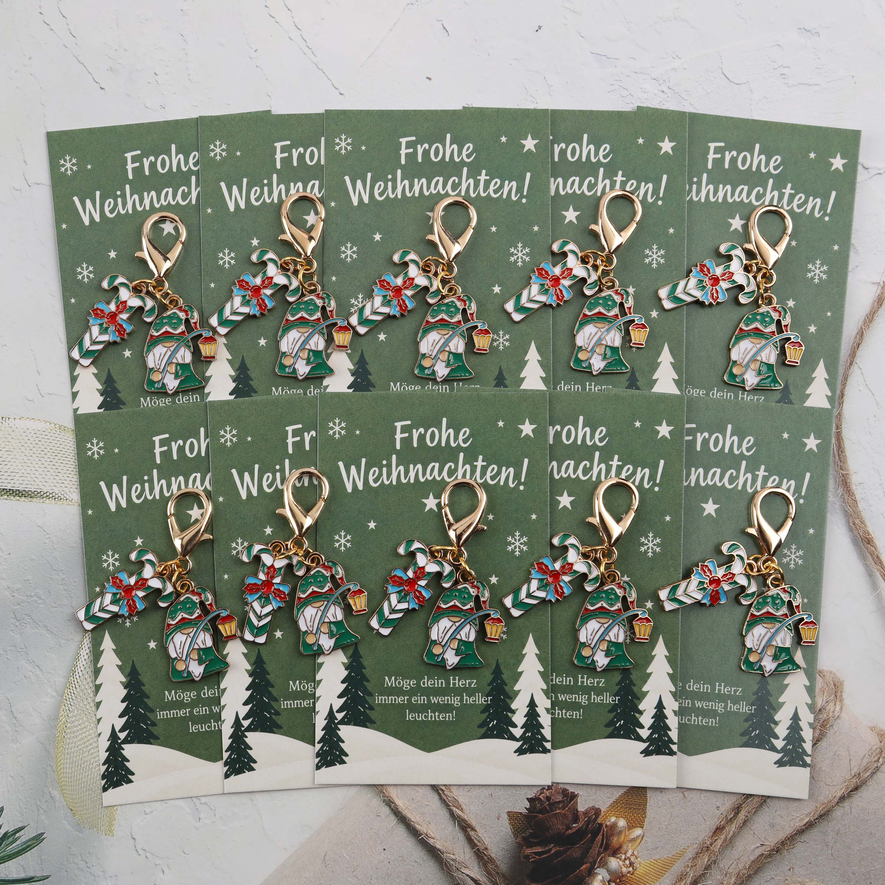 TEMU 2d Flat - 10pcs 2d Funny Gnome And Walking Stick Keychain Set With Christmas Card, German Greeting Card Festive Gift Suitable For Family, ,
