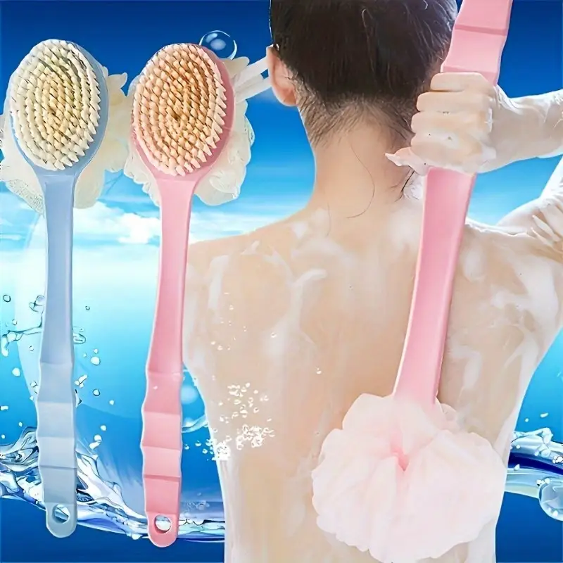 1 in 1 dual head back scrubber shower brush with soft towel long handle plastic bath brush for exfoliating back legs bristles ergonomic grip no battery needed bathroom essentials body cleaning accessory dualheaded design durable scrubbing tool sturdy construction skincare routine Product details 0