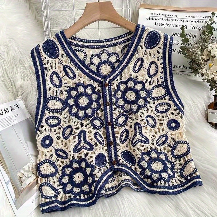 Women'S Bohemian Geometric-Patterned Sleeveless Vest - V-Neck, Lightweight Acrylic Fabric, Casual Summer Style with Hollow Detail, Perfect for Beach or Casual Attire