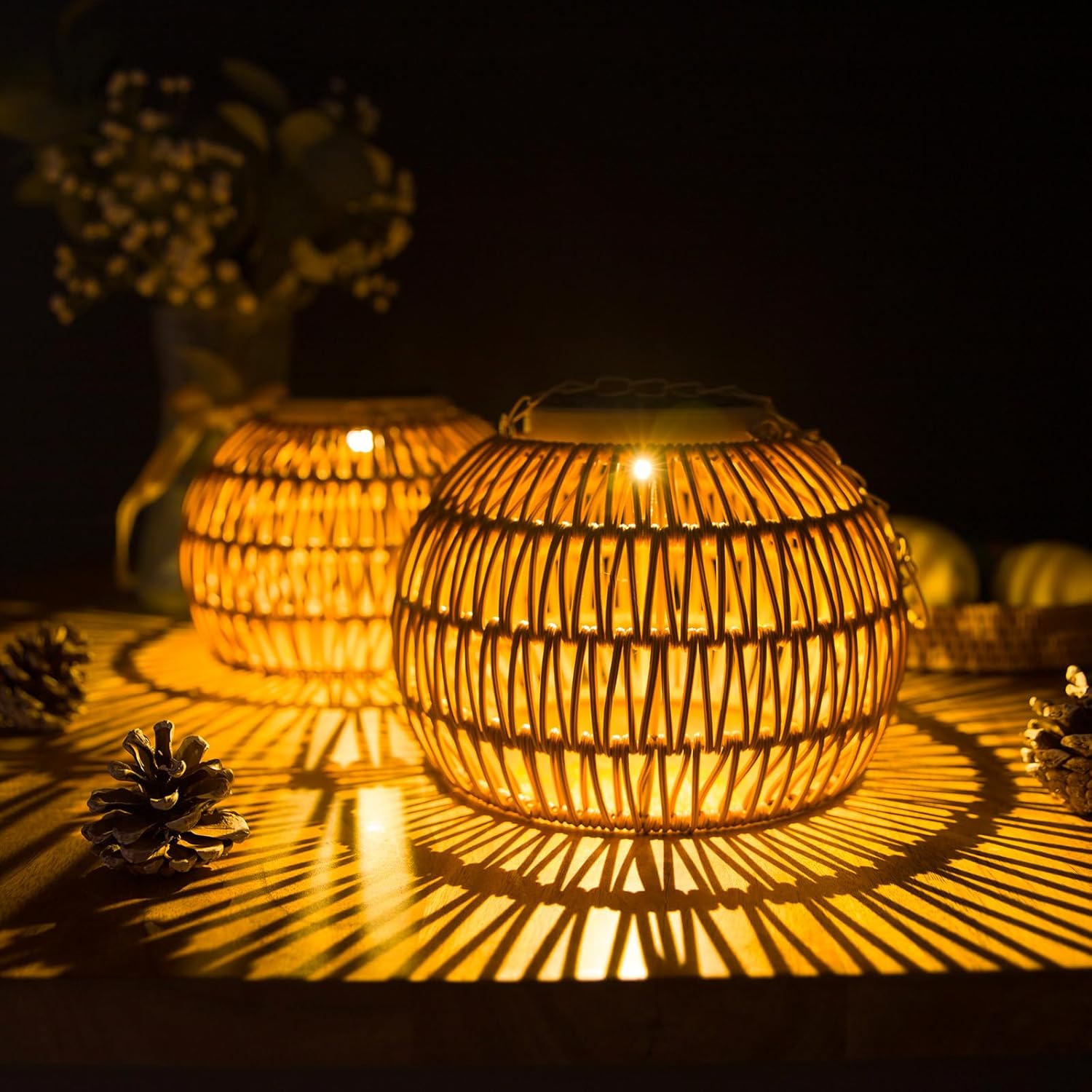 TEMU 2 Pack Solar Outdoor Lanterns | Waterproof Rattan Lights, Chandelier Style For Gazebo, Pergola, Porch, Patio, Yard, Garden, Pathway Decor - All
