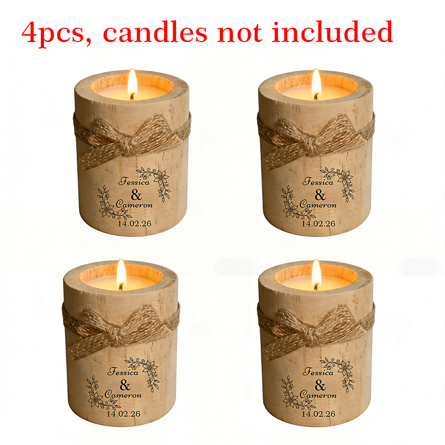 TEMU 4pcs Personalized Wooden Candle Holders With Bows, Laser Engraved For Custom Wedding, Creative Country Style Table Centerpieces, Ideal For