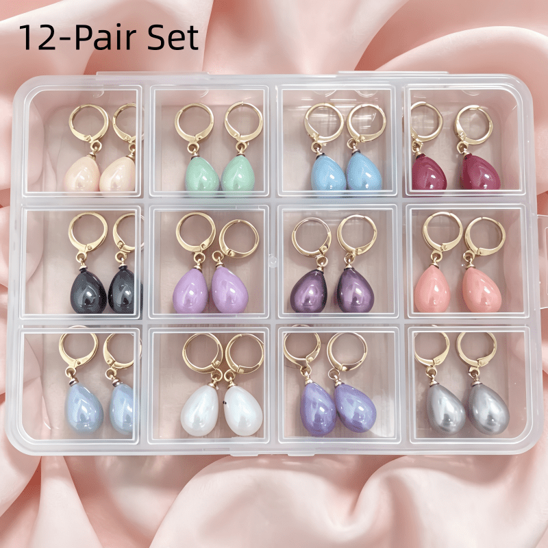 TEMU 12 Pairs Set Premium Gift Pack Glossy Enamel Water Drop Stud Earrings, Solid Color French Minimalist Retro Pierced Earrings, Lightweight