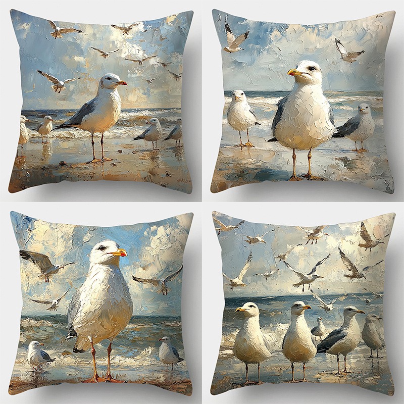 TEMU 2d Flat - 4pcs Oil Painting Style Seagull Beach Pillow Covers 2d Single-sided Printing Different Seagull Group Portraits, Postures Of Beach Oil