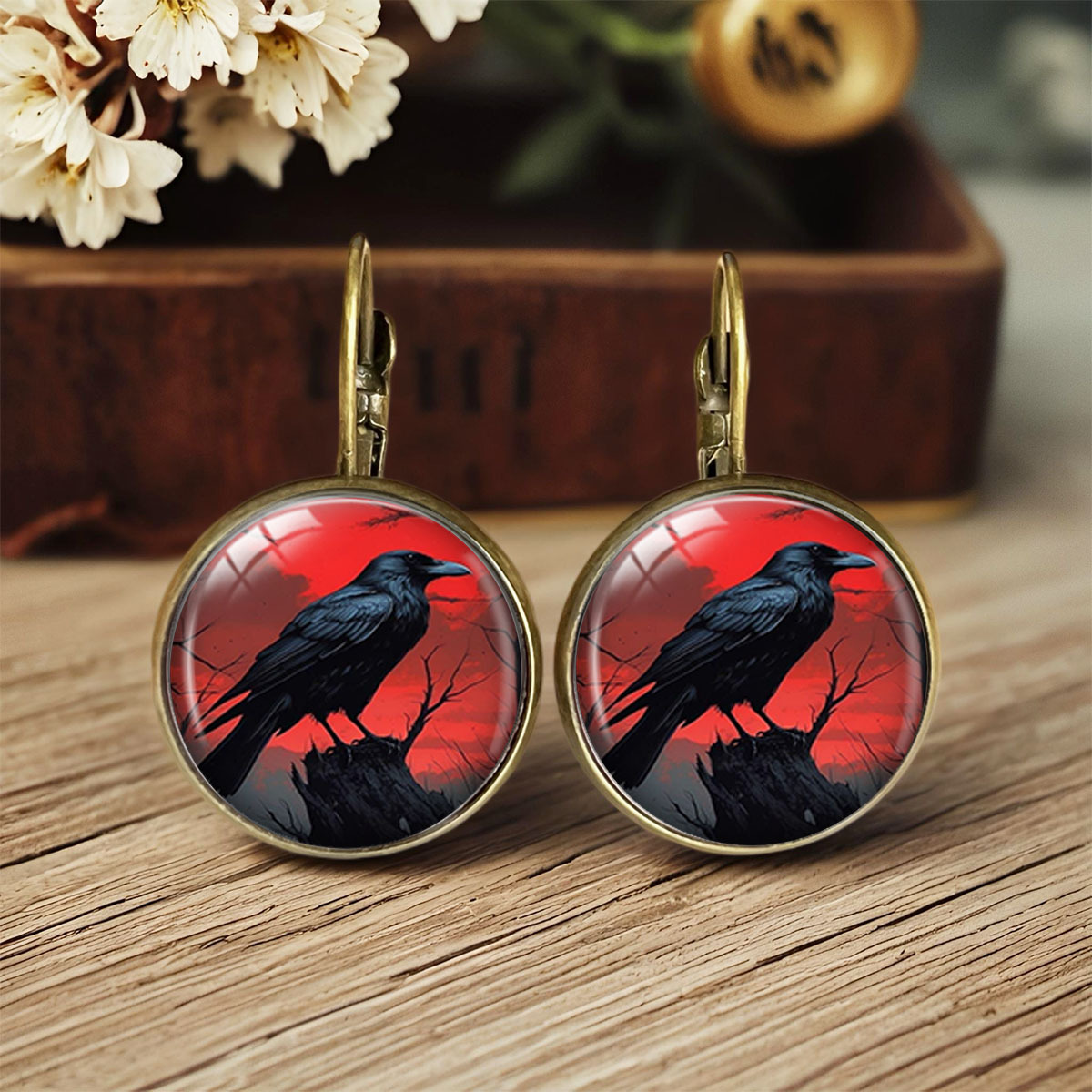 TEMU 1 Paire de Boucles d'Oreilles Pendantes Rondes avec Illustration de Noir sur Souche d'Arbre au Écarlate, Boucles d'Oreilles Vintage Unisexes