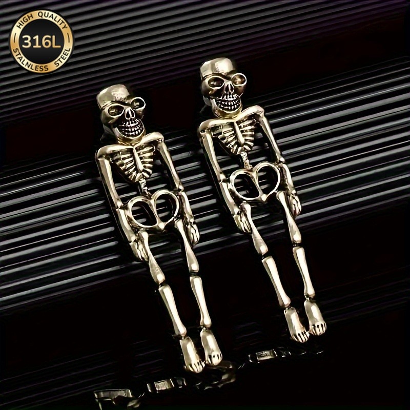 TEMU A Pair Of 316l Stainless Steel Halloween Skull Drop Earrings, With A Retro And Versatile Design. Suitable For Men And Women As A Universal
