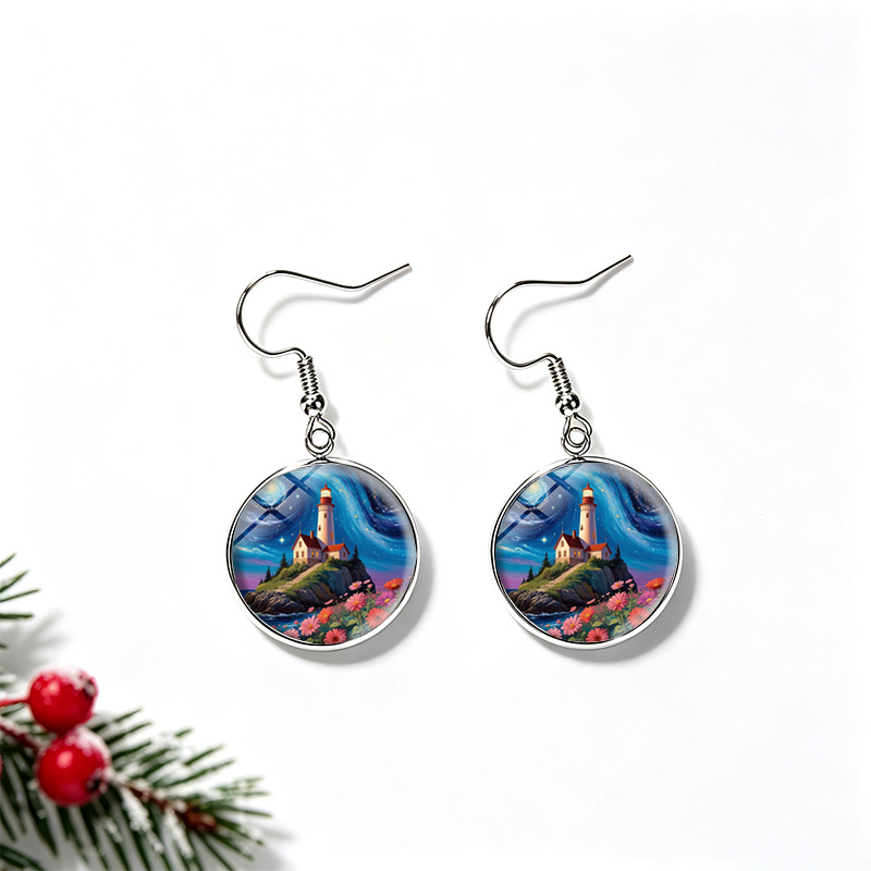 Starry Sky Lighthouse Island Flowers Round Glass Dangle Earrings
