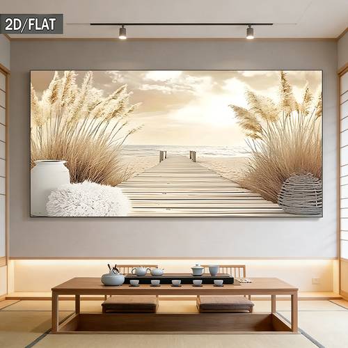2d düz, büyük modern minimalist kıyı tuval duvar sanatı, oturma odası, yatak odası, koridor i̇çin uygun -- ölçekli plaj temalı dekor, yürüyüş yolu, kamışlar ve vazo ile, / ev, ofis, banyo i̇çin uygun, i̇lkbahar-sonbahar dekorasyonu, 2d düz
