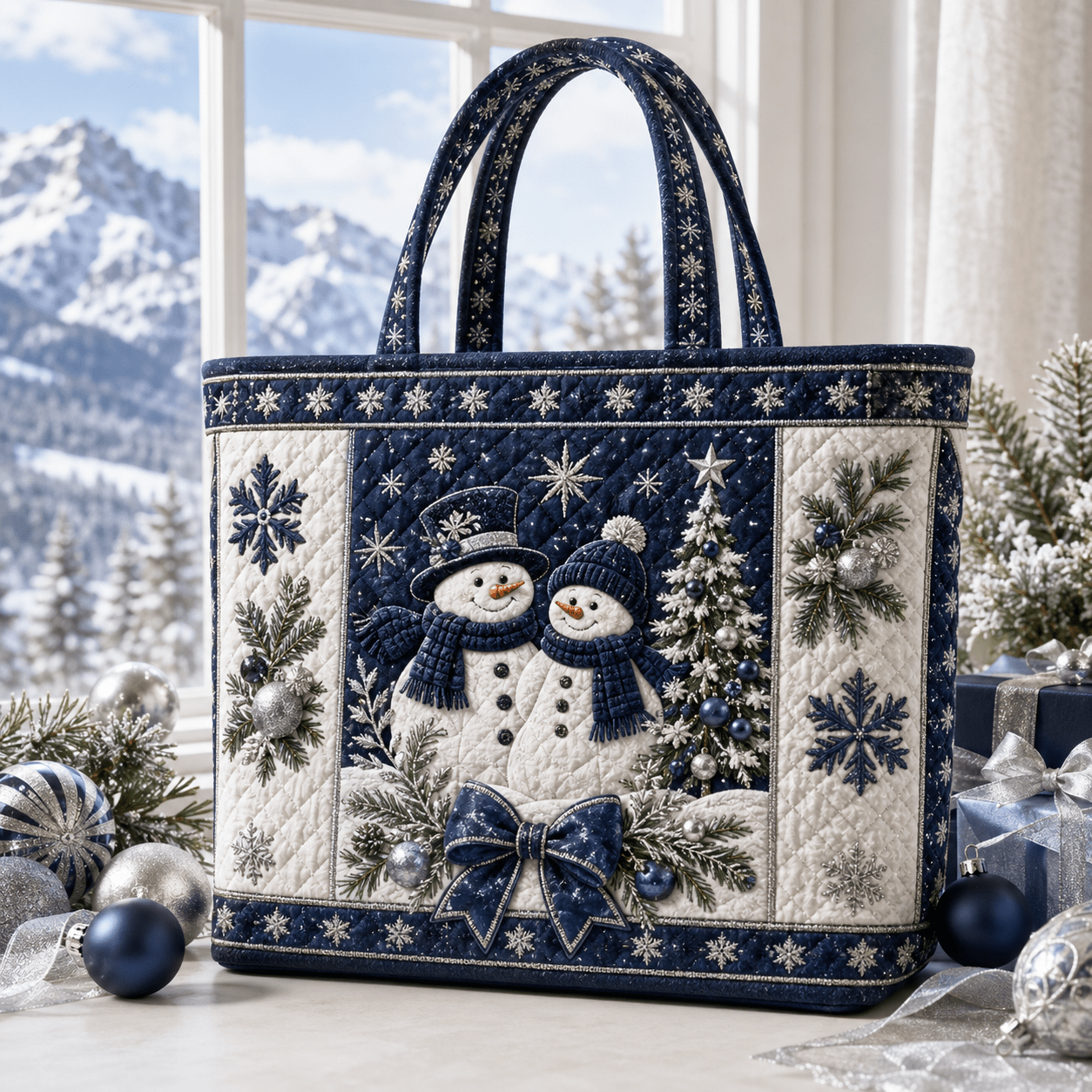 TEMU Women's Navy Winter Christmas Tote Bag, Double Snowman Snowflake Forest Print, Large Capacity Handbag For , Christmas Parties, Office, Shopping