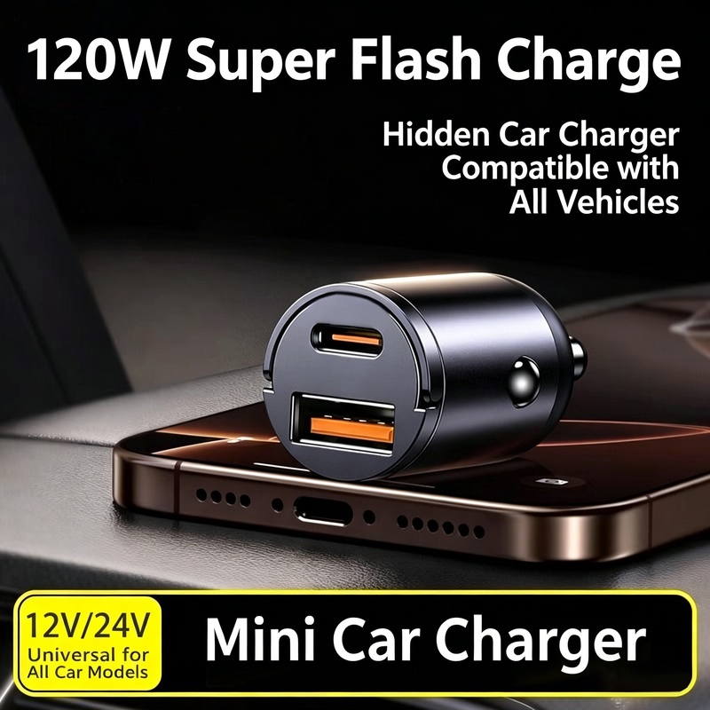 Tiensun | 120w Car Charger 100w Super Fast Charge For Iphone Dual Port Mini Metal Invisible Car Charger, For Iphone 17-11 Car Usb-c/a Charger, Iphone Fast Charge, Dual Port Car Phone Charger