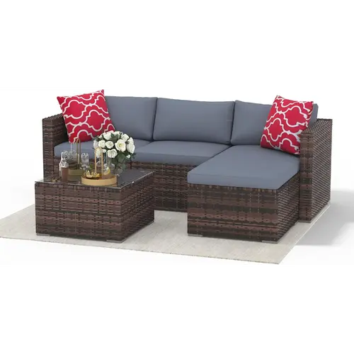 5pcs patio furniture set pe wicker modern patio conversation set outdoor furniture set with glass coffee table for garden poolside backyard brown grey