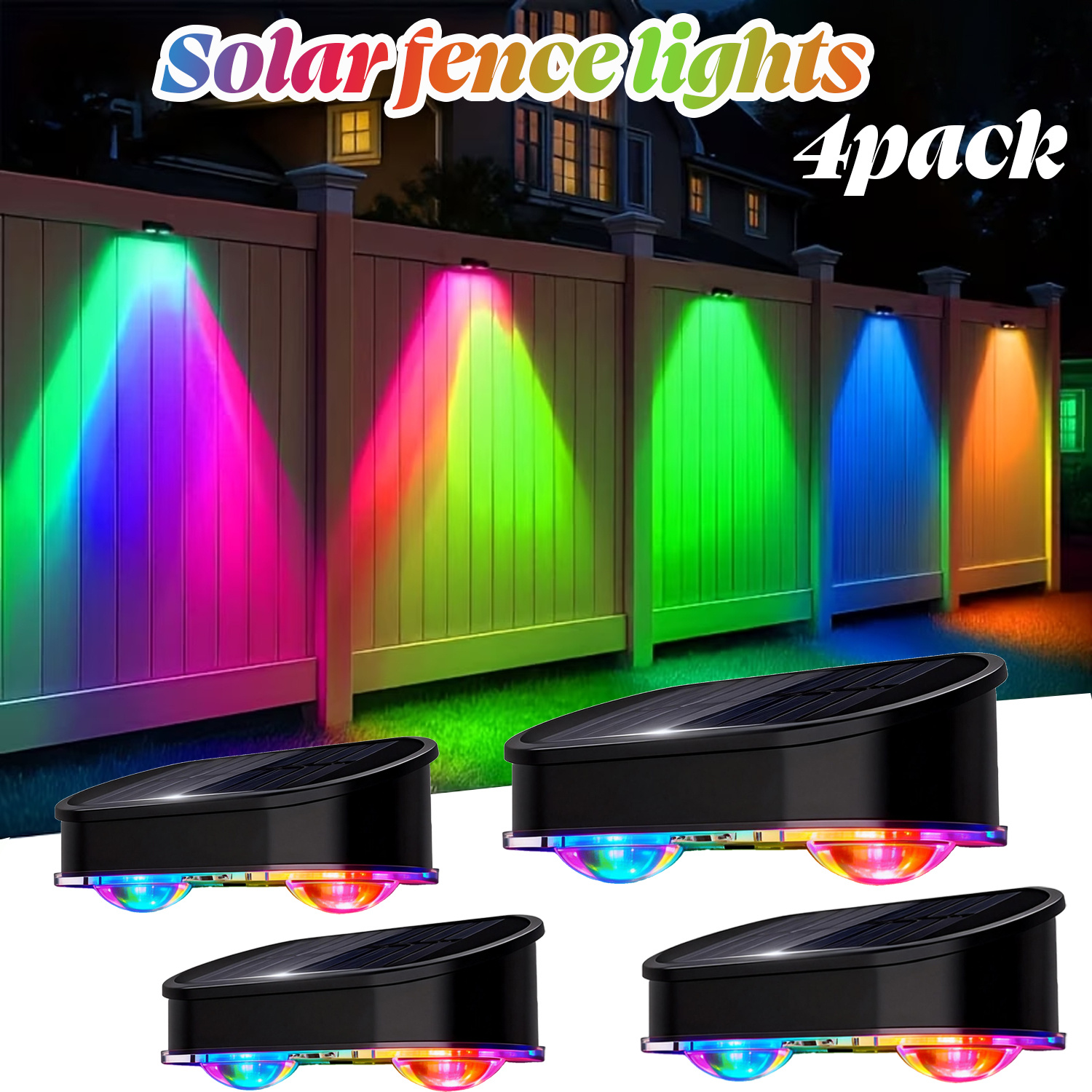 E-shop 8/4 LED Solar Zaunleuchten, 4/2er Pack – 8-Farben Gartenwandleuchten, 9- Dekorative Beleuchtung, IP44, Dämmerungs- bis