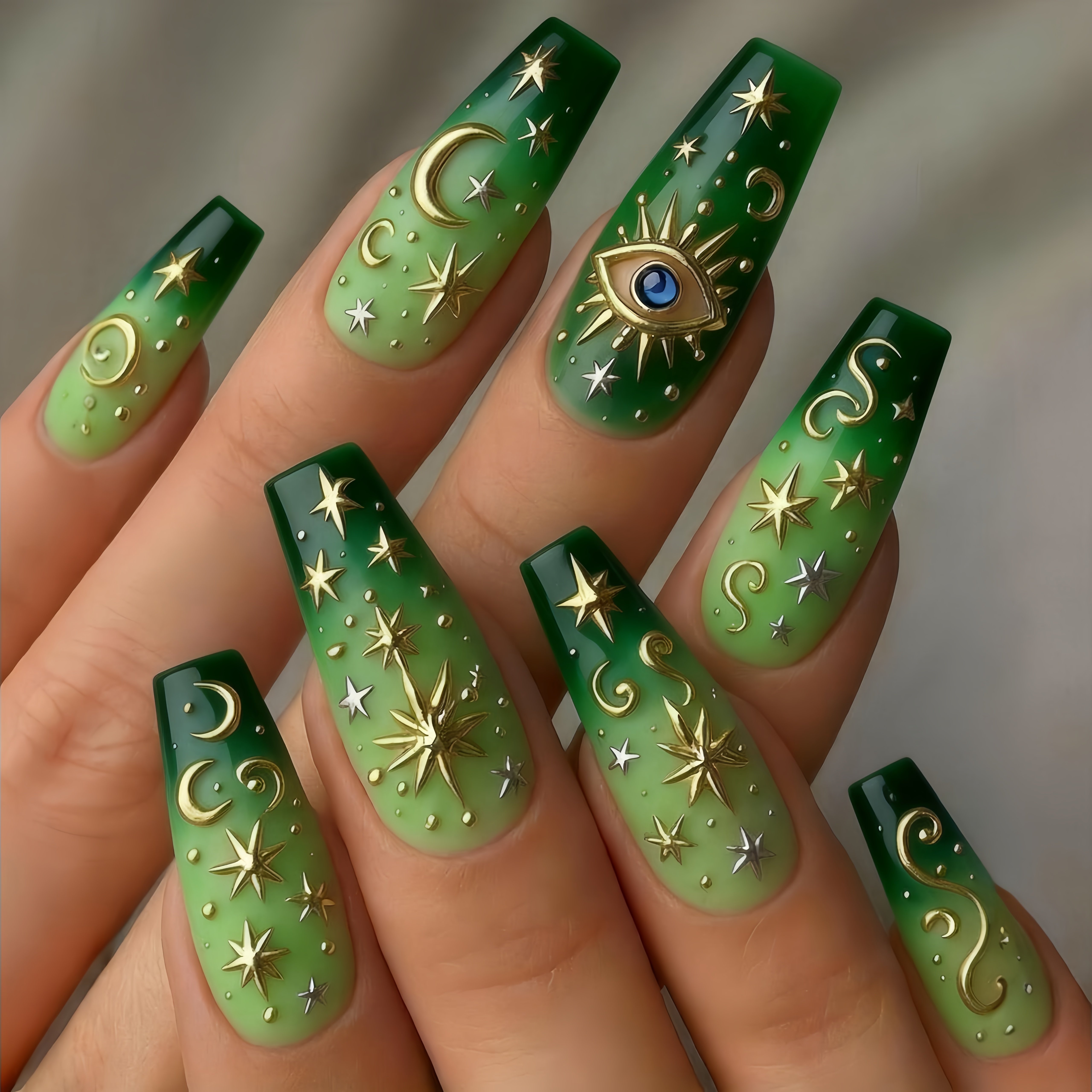 TEMU 24pcs Faux Ongles Pressés Dégradé Vert pour Femme - Longs Faux Ongles Ballerine avec Étoile & Lune, Pointes Brillantes Dorées Œil, Faux Ongles