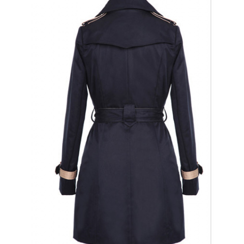 Abrigo de lona elegante para mujer, doble botonadura, color beige y azul marino, estructurado, no elástico, formal y casual, cintura ceñida, para oficina, fiestas, uso diario, diseño sofisticado, tejido duradero, chaqueta elegante, para amantes de la moda, ropa de oficina, material de alta calidad, mujeres conscientes de la moda.