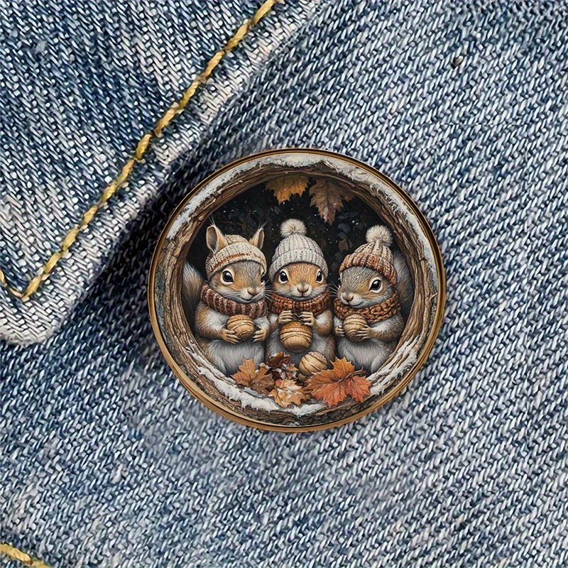 TEMU 1pc Autumn Squirrel Alloy Brooch Badge - Round Metal Pin With Festive Squirrel Design, Ideal For Backpacks, Hats, Clothes, Shoes & Boots Decoration,