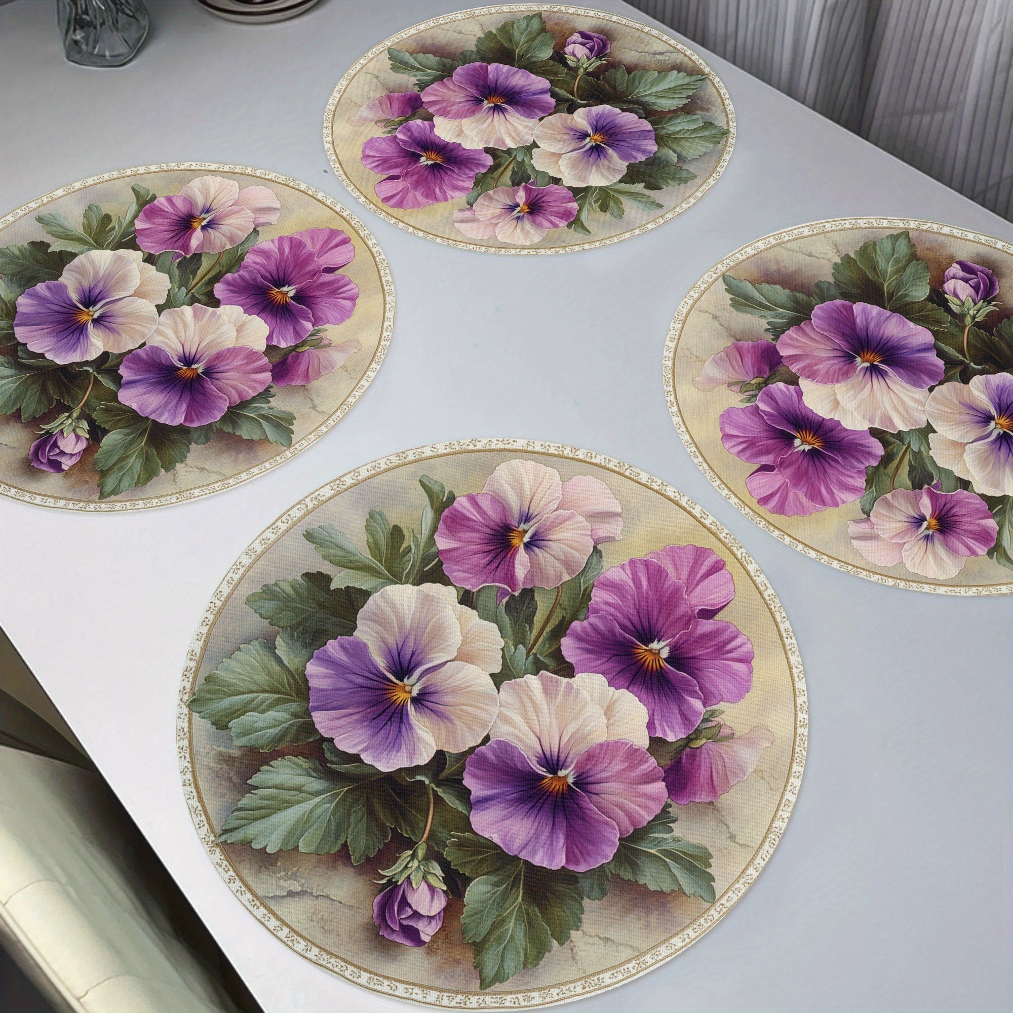 

4pcs Pattern Round Placemats, Spring With Purple & Pink Flowers, Non-slip Knit Fabric, Heat Resistant, Hand Wash Only, Dining & Party Decor - 15