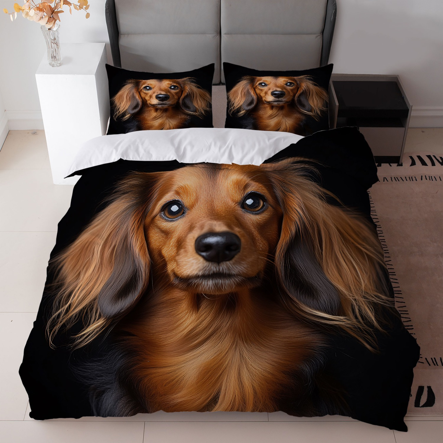 TEMU 3pcs Black Dachshund Print Bedding Set (1duvet Cover   2pillowcase, Without Core) For Bedroom