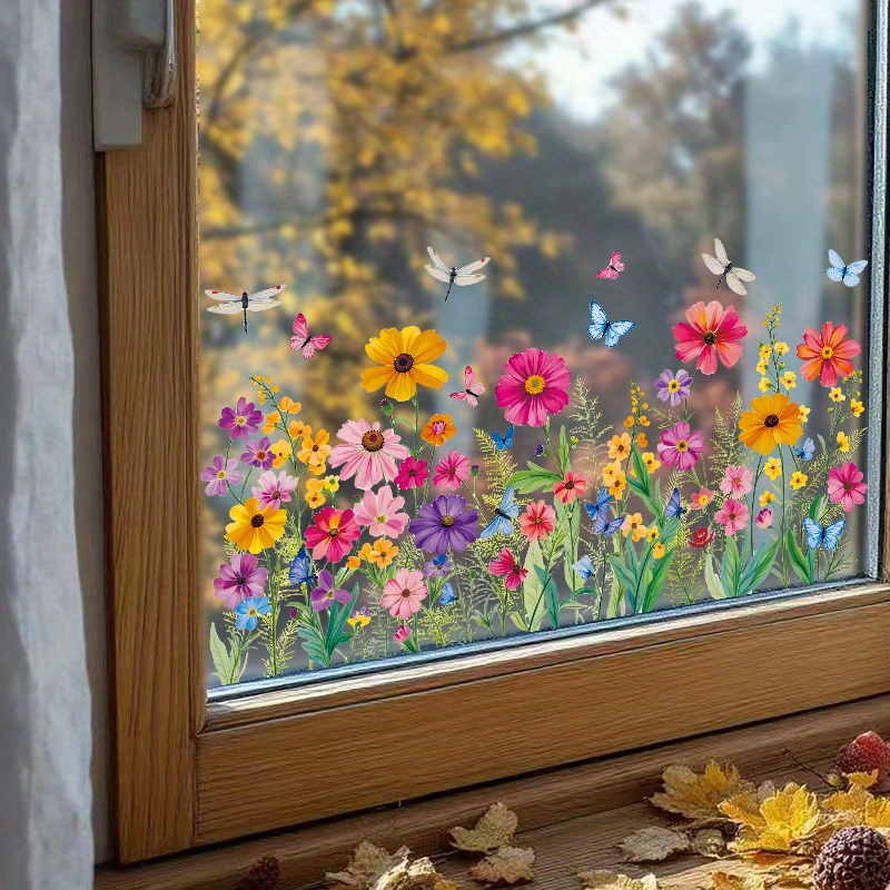 E-shop Wiederverwendbare Doppelseitige Bemalte Schmetterlings- & Blumen-Fensteraufkleber - Lebendige Mehrfarbige Statische Dekore mit 16mil Dickem