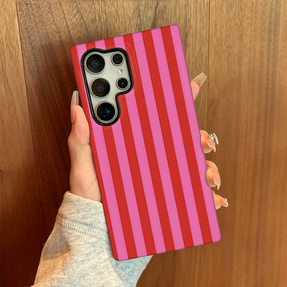 TEMU Phone Case - 1pc Pink Red Stripes -one Film Case-tough, Dual Layered Case-for Galaxy