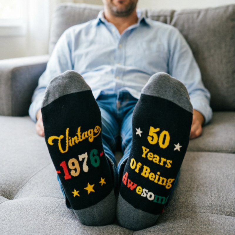 TEMU 1 Pair 1976 Born 50th Birthday Color Grip Funny Novelty Socks, Unisex Hosiery For Running Commute Indoor Outdoor Daily Wear, Nice Birthday