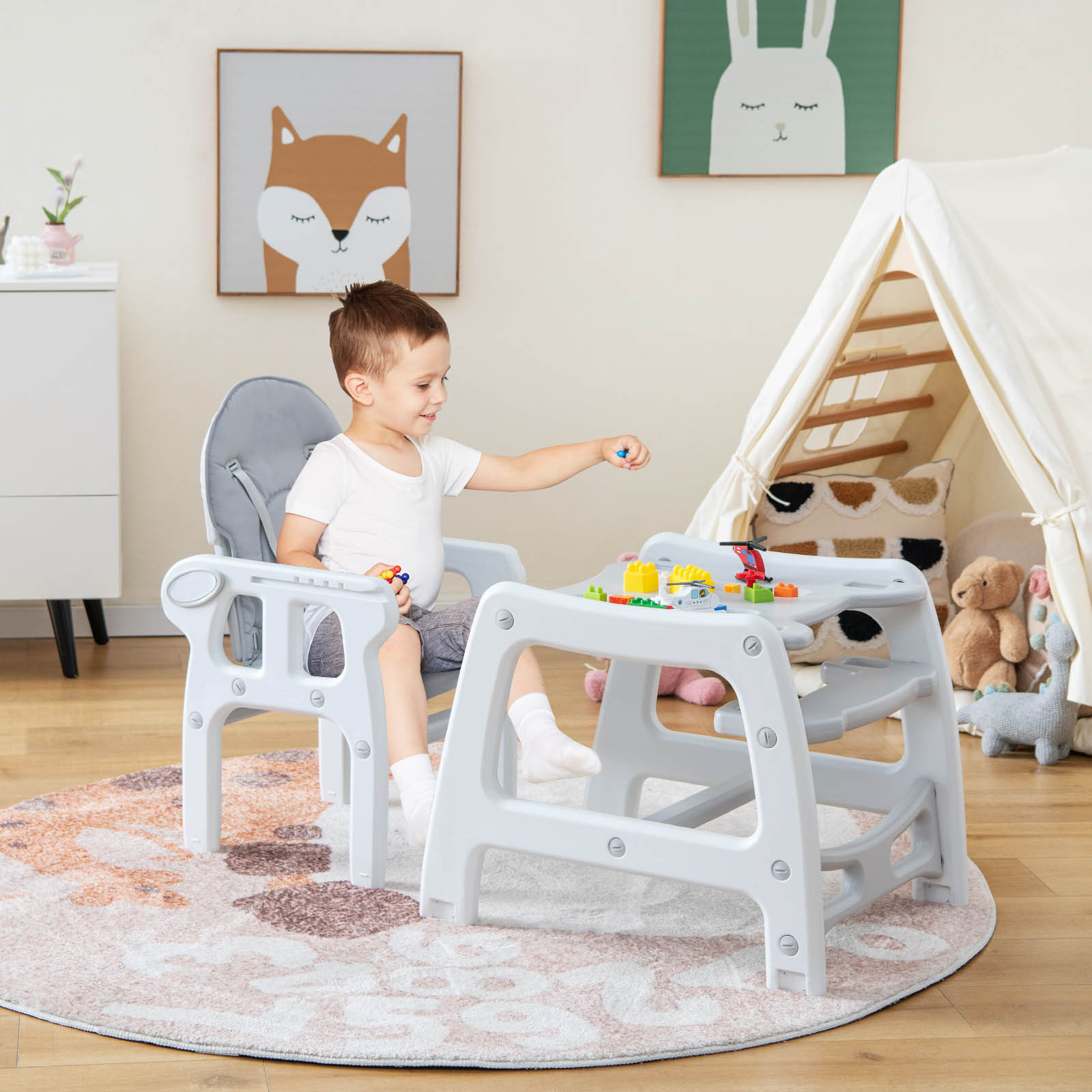 LIFEZEAL 3-in-1 Convertible Feeding Rocking Chair High Chair Table Set, Heavy-Duty 300lb Capacity with Booster Seat & Removable Tray, Adjustable Height, 5-Point Harness, Foldable Design, 360° Swivel, Safety Lock & Non-Slip Base, BPA-Free - Image 10