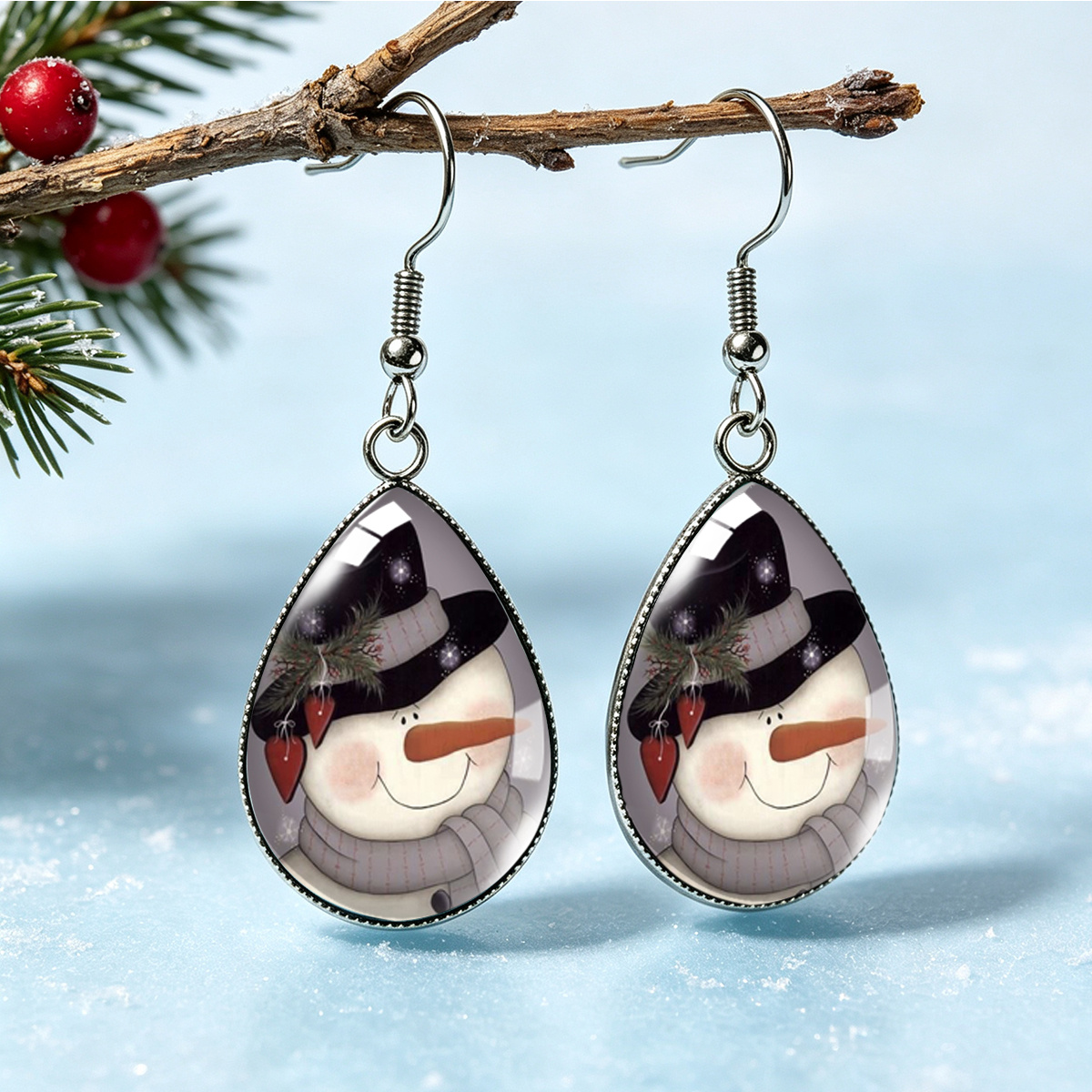 TEMU Pair Of Pendant Stainless Steel Earrings, Vintage Style With Top Hat, Scarf, And Snowman Pattern, Unisex Winter Christmas Ear Accessories