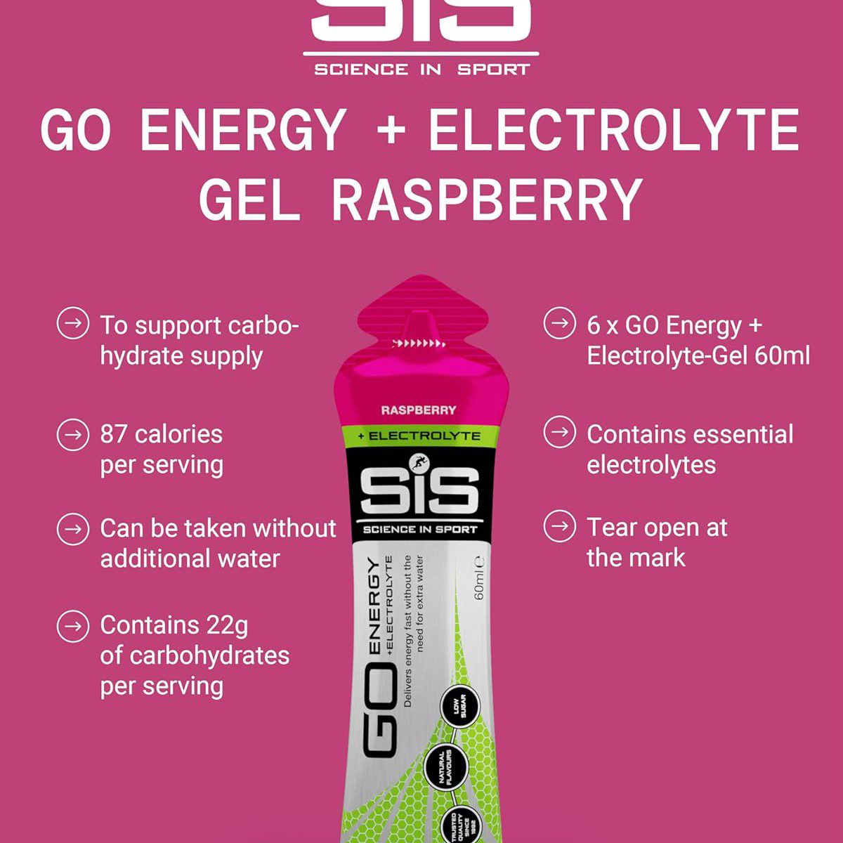 SIS Go Isotonic Energy Gel with Electrolytes- Nutrition Gel Supports Performance and Hydration for Running and Cycling- Raspberry Flavour, 60ml, Pack of 6