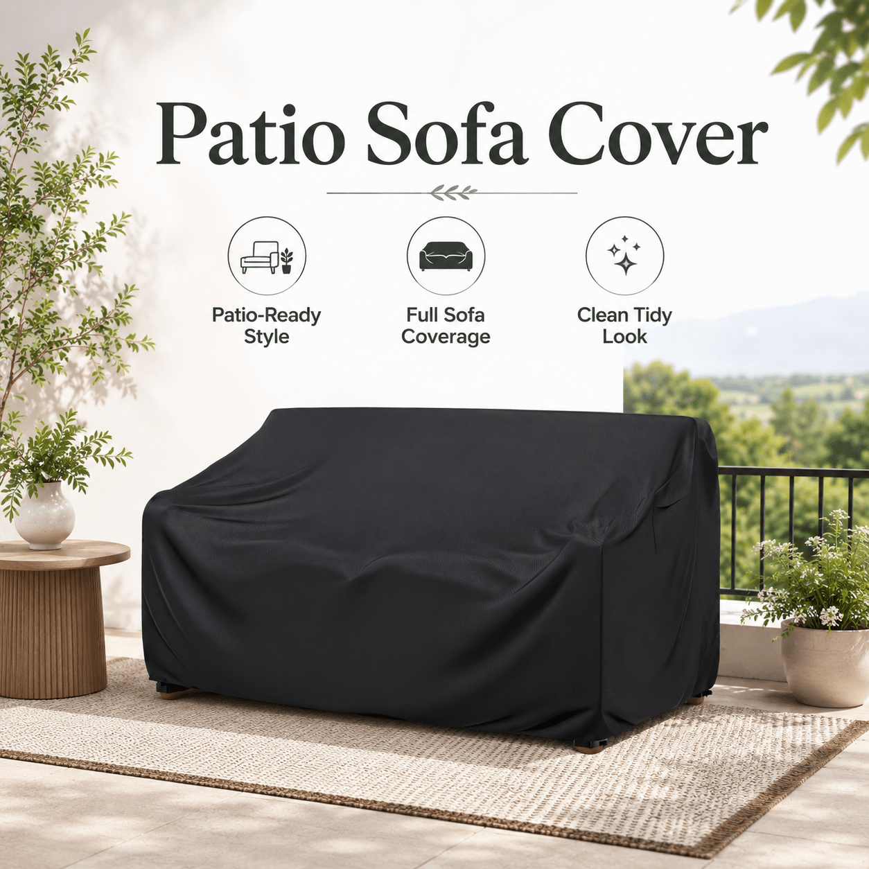 item picture patio sofa cover 4 sizes   black heavyweight 300d oxford fabric the design features snap fasteners and a drawstring at   and a handle   suitable for outdoors courtyard living room only the protective cover