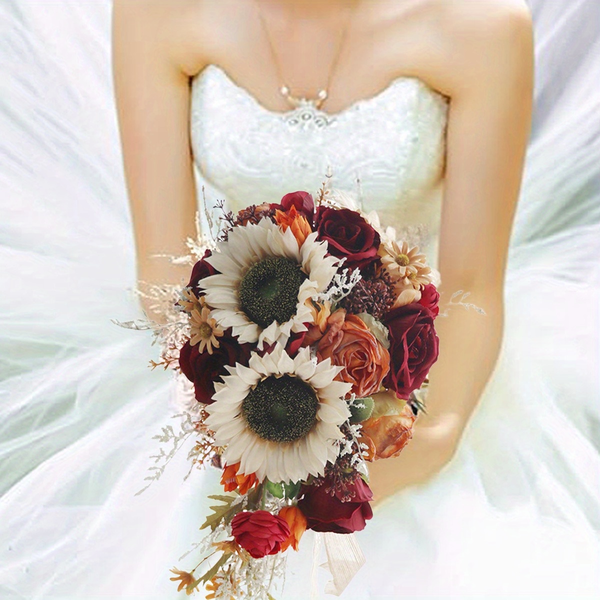 burgundy bridesmaid dresses with sunflowers Burgundy Dahlias & Sunflower Greenery Bride Bouquet – FallinLove Bouquets main image 1