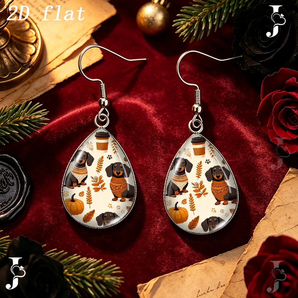 Teardrop Dangle Earrings with Autumn Dachshund Pumpkin Pattern