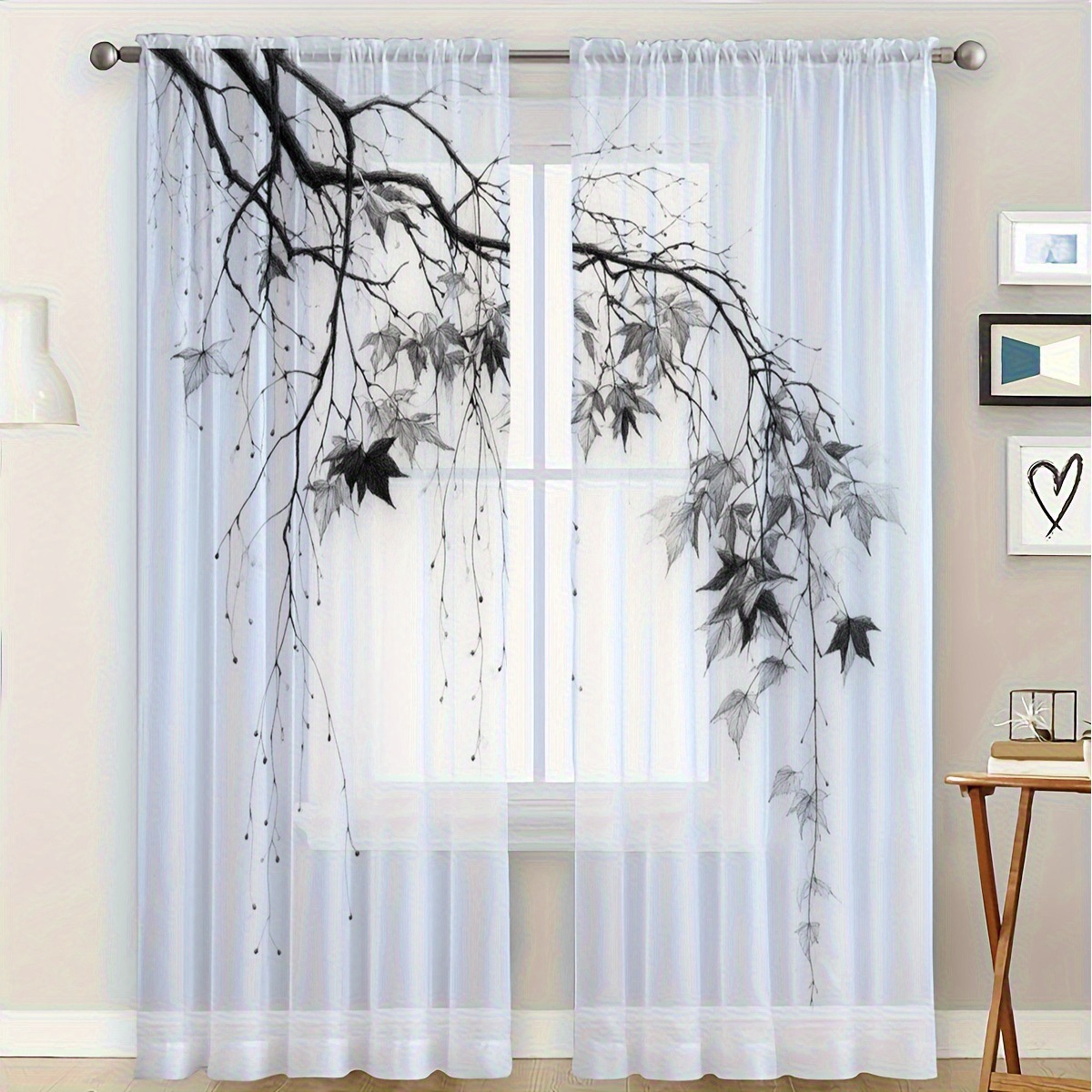 TEMU 2pcs Translucent Curtains, Home Decor, Leaf Print Sheer Drapes, Elegant Flowing Home Decor, Window Drapery, Suitable For Kitchen, Coffee Shop,