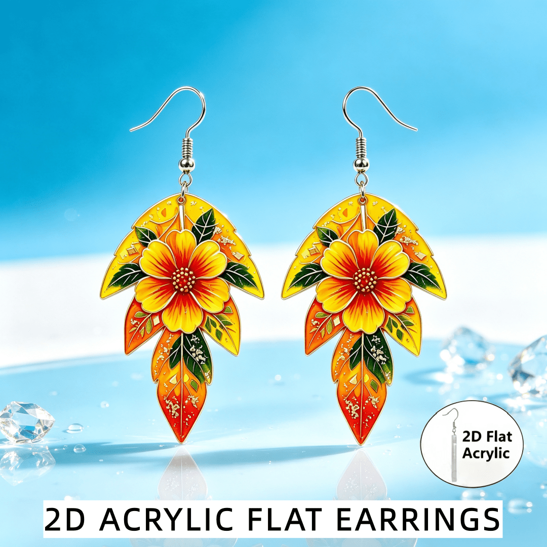 Boho 2D Flat Acrylic Bright Floral Leaf Drop Earrings