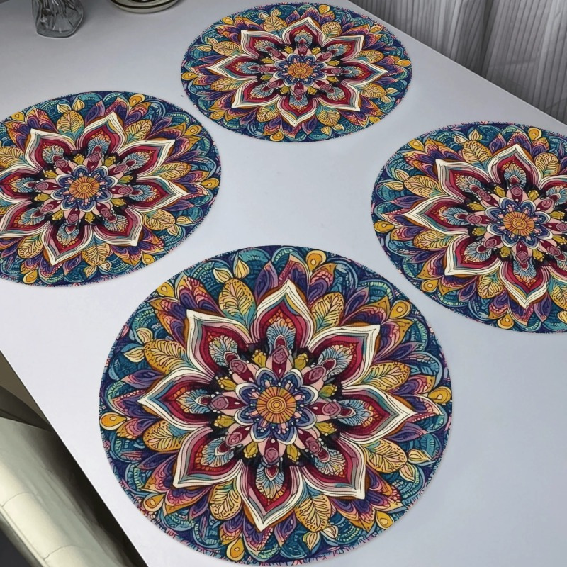 

4pcs.mandala Design.round Placemats Set Of 4, Polyester, Hand Washable, 15in Elegant Dinner Table Mats For Home And Restaurant Decor