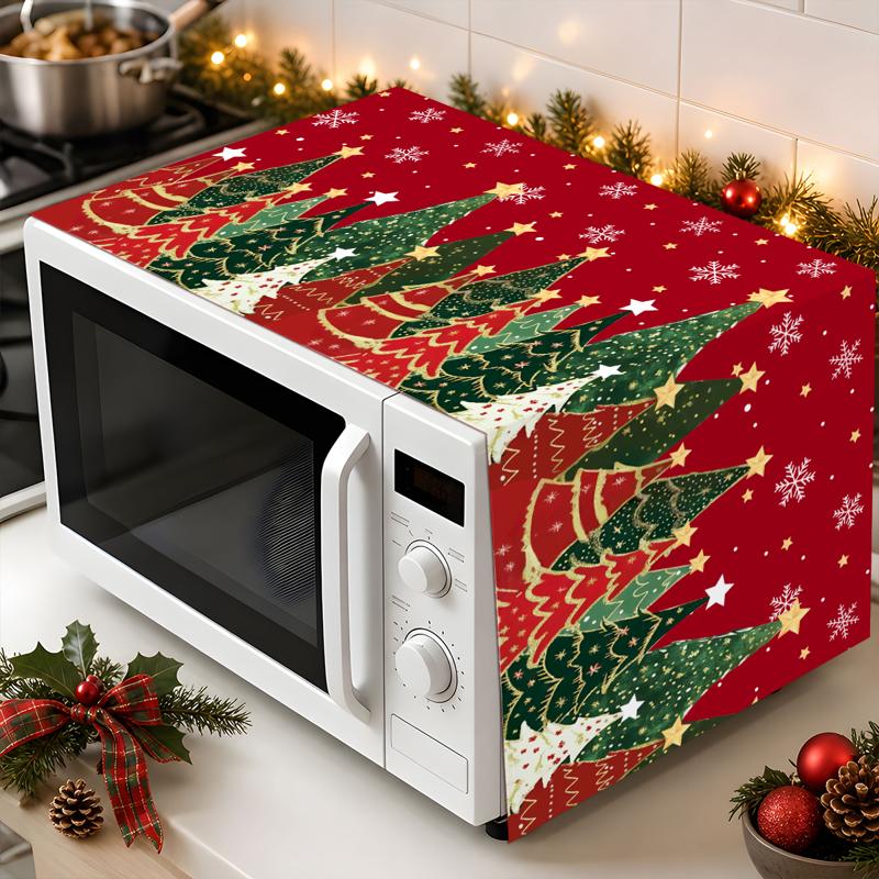 TEMU Housse de four à micro-ondes en lin sur le thème de Noël, 35 X 90 cm, protecteur anti-poussière avec festifs d'arbre de Noël, étoile, de neige,